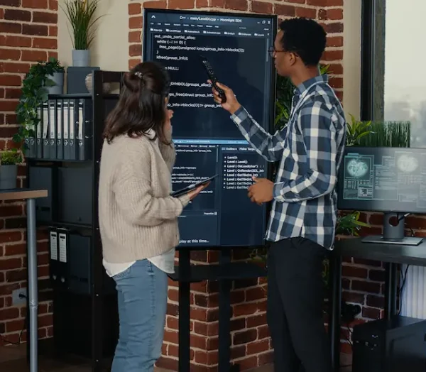team-database-admins-analyzing-source-code-wall-screen-tv-comparing-errors-using-digital-tablet-busy-server-room-two-cloud-programers-debugging-algorithm-software-innovation-office
